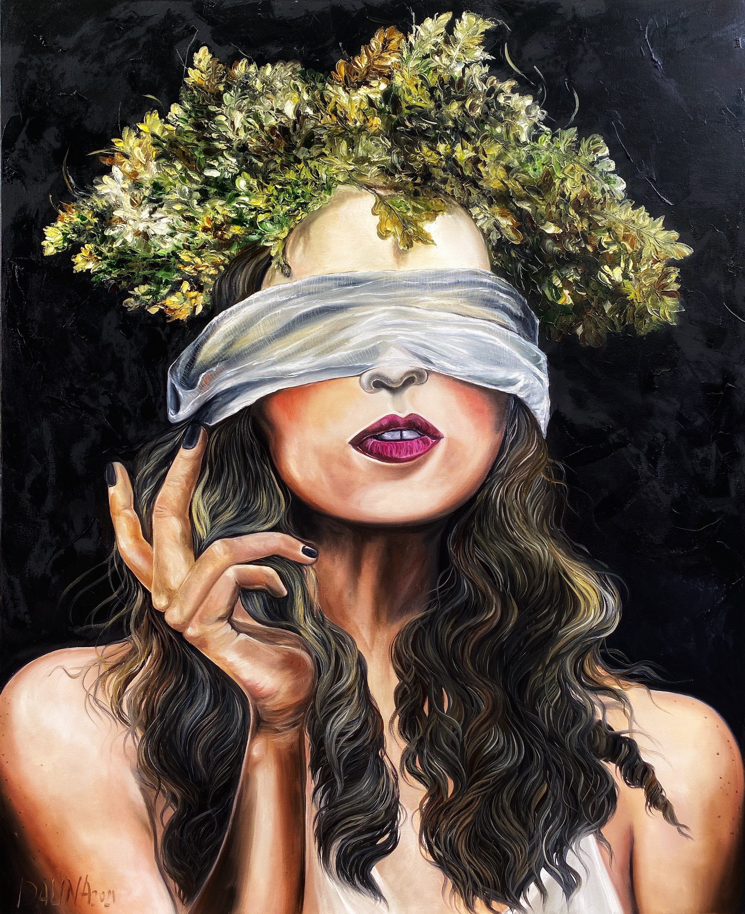 The silence of your eyes Modern Oil Painting with Beautiful Woman  Blindfolded Female Portrait Oil Art For Living Room Modern Style Painting  by Rada Gor