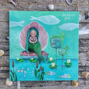 Sirena arte sirena pintura al óleo sirena decoración de la pared sirena arte de la sirena para la sirena de la sirena del arte del aceite de la sirena para los niños arte ingenuo para los niños de la menta colores arte