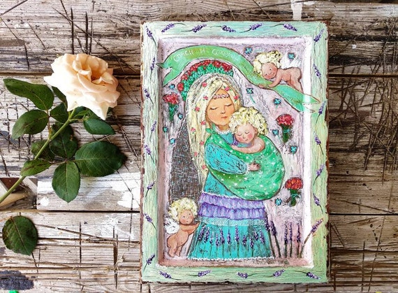 Lavender Madonna Icon, Naive Style Oil Painting on Board