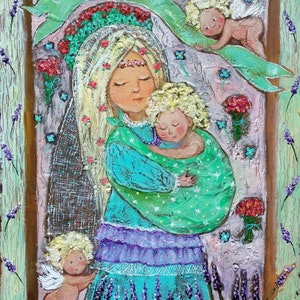 May include: A painting of a woman holding a baby in her arms. The woman is wearing a blue dress with a purple and white trim. The baby is wearing a green and white dress. The painting is set against a background of lavender flowers and a green ribbon with the text "Спаси и сохрани" in Cyrillic.