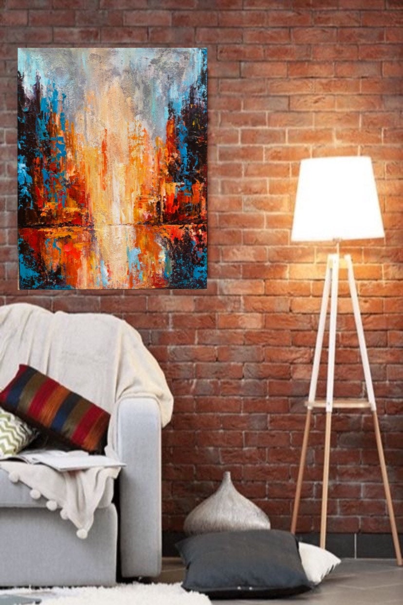 抽象的なスタイルの絵画 明るいオレンジ、黄色、青の色 モダンな