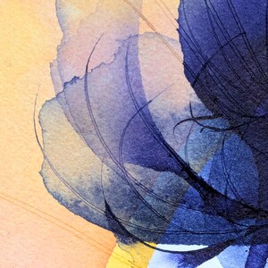 May include: A watercolor painting featuring translucent, overlapping petals in shades of deep indigo and violet against a soft, warm peach and yellow background. Fine, dark ink lines trace the delicate curves and edges of the floral forms.