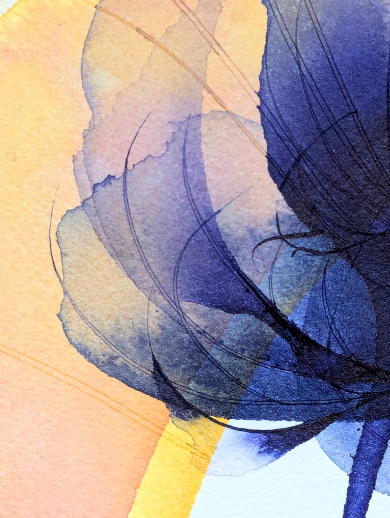 May include: A watercolor painting featuring translucent, overlapping petals in shades of deep indigo and violet against a soft, warm peach and yellow background. Fine, dark ink lines trace the delicate curves and edges of the floral forms.