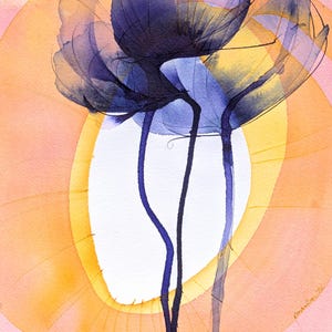 May include: A watercolor painting featuring two dark purple, translucent flowers with long, thin stems. The background consists of a large, soft yellow oval shape layered over a pale pink wash, creating a bright, layered effect with visible brushstrokes.
