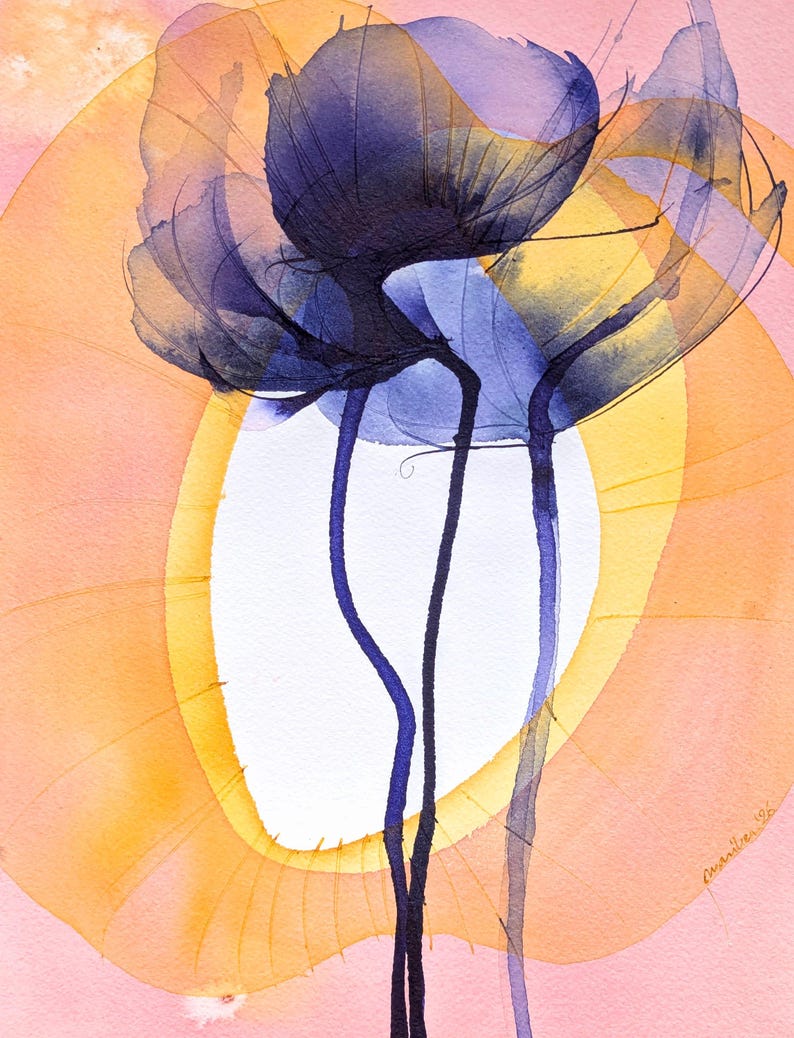 May include: A watercolor painting featuring two dark purple, translucent flowers with long, thin stems. The background consists of a large, soft yellow oval shape layered over a pale pink wash, creating a bright, layered effect with visible brushstrokes.