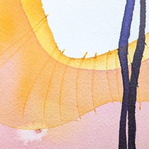 May include: An abstract watercolor painting on textured paper featuring a large, curved yellow and orange wash with thin, radiating ink lines. Two vertical, dark purple, textured ink strokes extend from the top to the bottom edge.