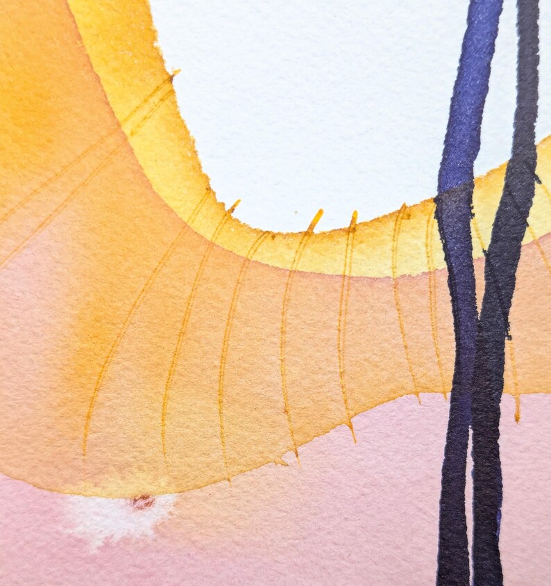 May include: An abstract watercolor painting on textured paper featuring a large, curved yellow and orange wash with thin, radiating ink lines. Two vertical, dark purple, textured ink strokes extend from the top to the bottom edge.