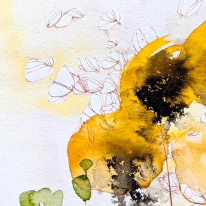 May include: Abstract watercolor painting with a vibrant yellow and black color palette. The artwork features organic shapes, delicate white floral outlines, and touches of green. The painting has a soft, textured appearance.