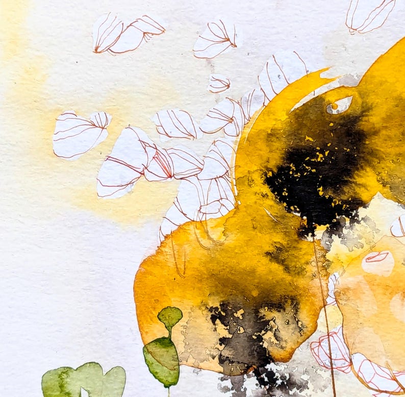 May include: Abstract watercolor painting with a vibrant yellow and black color palette. The artwork features organic shapes, delicate white floral outlines, and touches of green. The painting has a soft, textured appearance.