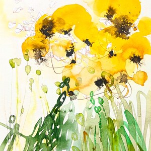 May include: Watercolor painting of abstract yellow flowers with black centers and green foliage. The artwork features loose brushstrokes and a soft, airy feel, with delicate lines and a light yellow background. The painting evokes a sense of nature and botanical art.