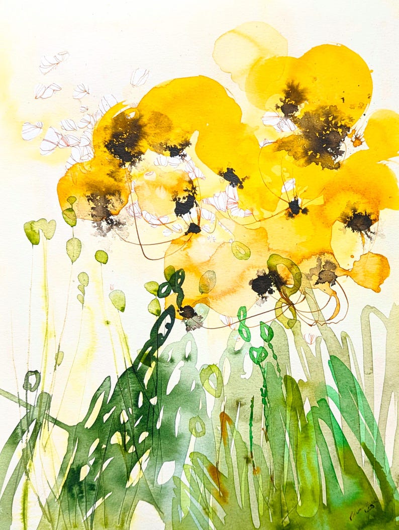 May include: Watercolor painting of abstract yellow flowers with black centers and green foliage. The artwork features loose brushstrokes and a soft, airy feel, with delicate lines and a light yellow background. The painting evokes a sense of nature and botanical art.