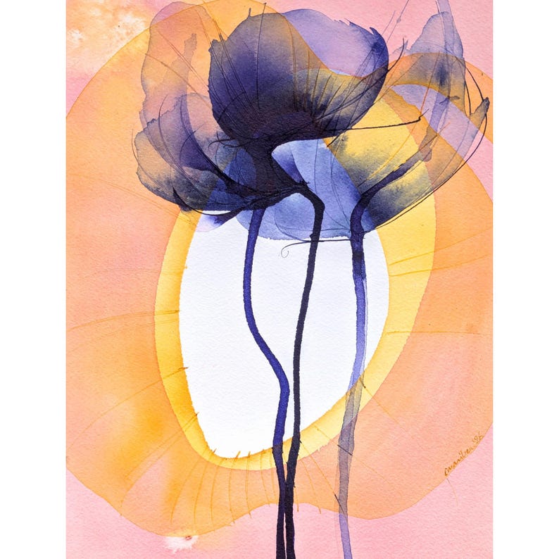 May include: A watercolor painting featuring two dark purple, translucent flowers with long, thin stems. The flowers are set against a background of soft pink and a large, glowing yellow oval shape that frames the central floral composition.