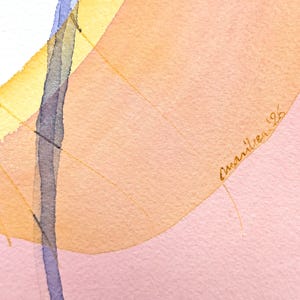 May include: An abstract watercolor painting on textured paper featuring overlapping washes of peach, yellow, and light purple. A thin, vertical purple line intersects the shapes, and the signature 'marilea '26' is written in gold ink on the right.