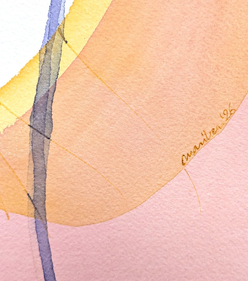 May include: An abstract watercolor painting on textured paper featuring overlapping washes of peach, yellow, and light purple. A thin, vertical purple line intersects the shapes, and the signature 'marilea '26' is written in gold ink on the right.