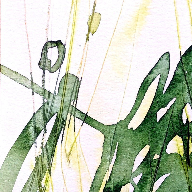 May include: Abstract watercolor painting featuring green and yellow brushstrokes on a white background. The artwork depicts organic shapes and lines, suggesting foliage or natural forms. The style is loose and expressive, with a focus on color and texture.