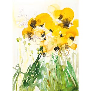 May include: Watercolor painting of yellow flowers with black centers and green foliage. The artwork features a loose, abstract style with flowing brushstrokes and a soft, light background. The painting evokes a sense of nature and springtime.