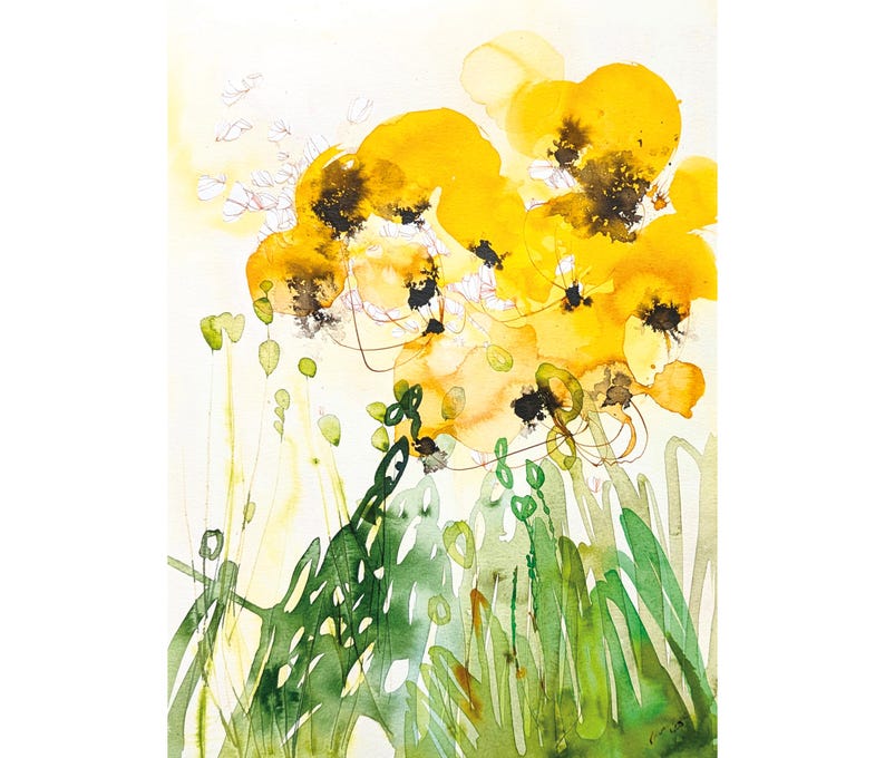 May include: Watercolor painting of yellow flowers with black centers and green foliage. The artwork features a loose, abstract style with flowing brushstrokes and a soft, light background. The painting evokes a sense of nature and springtime.