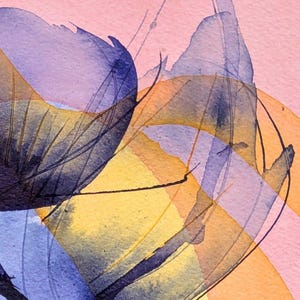 May include: An abstract watercolor painting featuring overlapping translucent washes of purple, orange, and yellow on a light pink background. Fine, dark, hand-drawn ink lines curve across the composition, creating a layered, fluid visual texture.