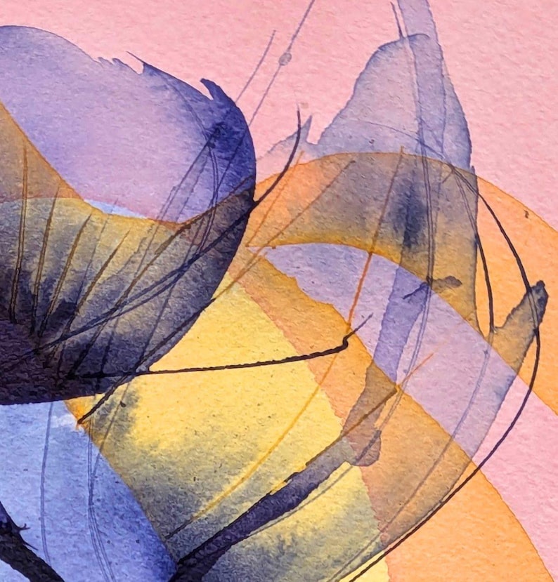 May include: An abstract watercolor painting featuring overlapping translucent washes of purple, orange, and yellow on a light pink background. Fine, dark, hand-drawn ink lines curve across the composition, creating a layered, fluid visual texture.