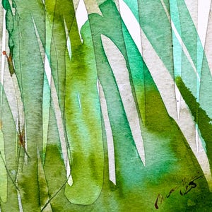 May include: Abstract watercolor painting featuring vertical green and teal brushstrokes on a white background. The artwork has a textured appearance, with varying shades of green and teal. The painting has a signature in the bottom right corner.