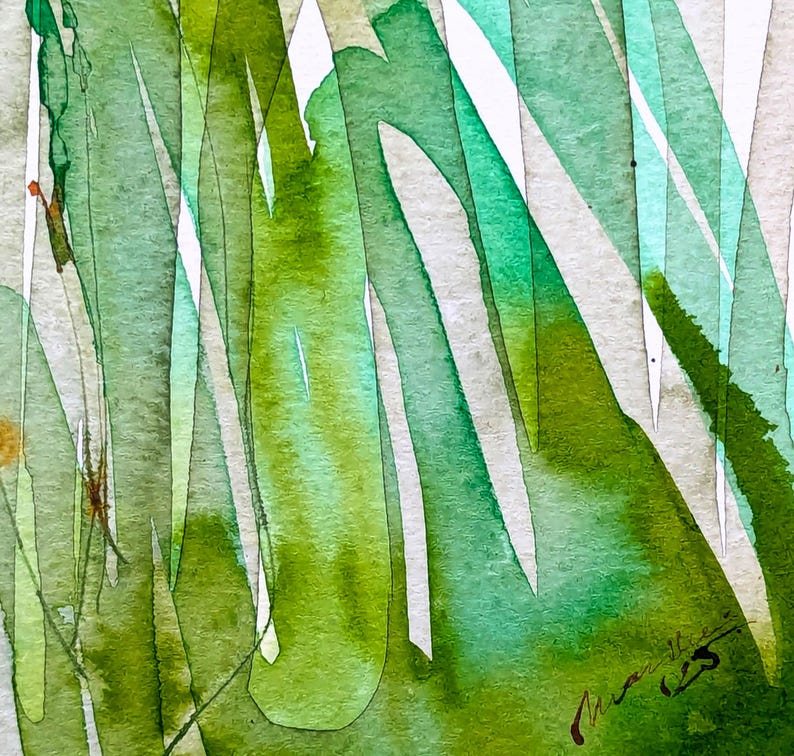 May include: Abstract watercolor painting featuring vertical green and teal brushstrokes on a white background. The artwork has a textured appearance, with varying shades of green and teal. The painting has a signature in the bottom right corner.