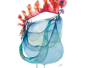 May include: Abstract watercolor painting with a blue and green swirl and red and orange flower-like shapes at the top.