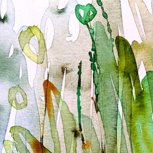 May include: Abstract watercolor painting featuring green and yellow plant-like shapes against a light gray background. The artwork has a soft, blurred quality with visible brushstrokes, creating a sense of movement and depth. The color palette is dominated by greens, yellows, and touches of orange.