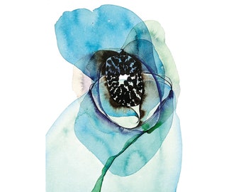 May include: Abstract watercolor painting of a blue flower with a black center. The flower is painted in a loose, flowing style, with layers of translucent blue and green paint.