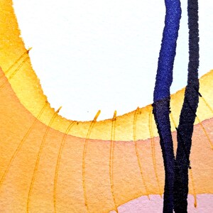 May include: An abstract watercolor painting featuring a large, curved yellow and orange shape with thin, radiating lines. Two vertical, textured lines in deep blue and black extend from the top to the bottom, overlapping the warm-toned background.