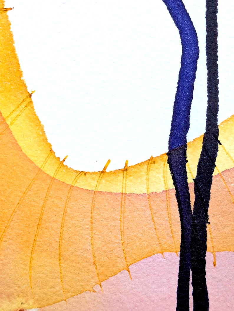 May include: An abstract watercolor painting featuring a large, curved yellow and orange shape with thin, radiating lines. Two vertical, textured lines in deep blue and black extend from the top to the bottom, overlapping the warm-toned background.