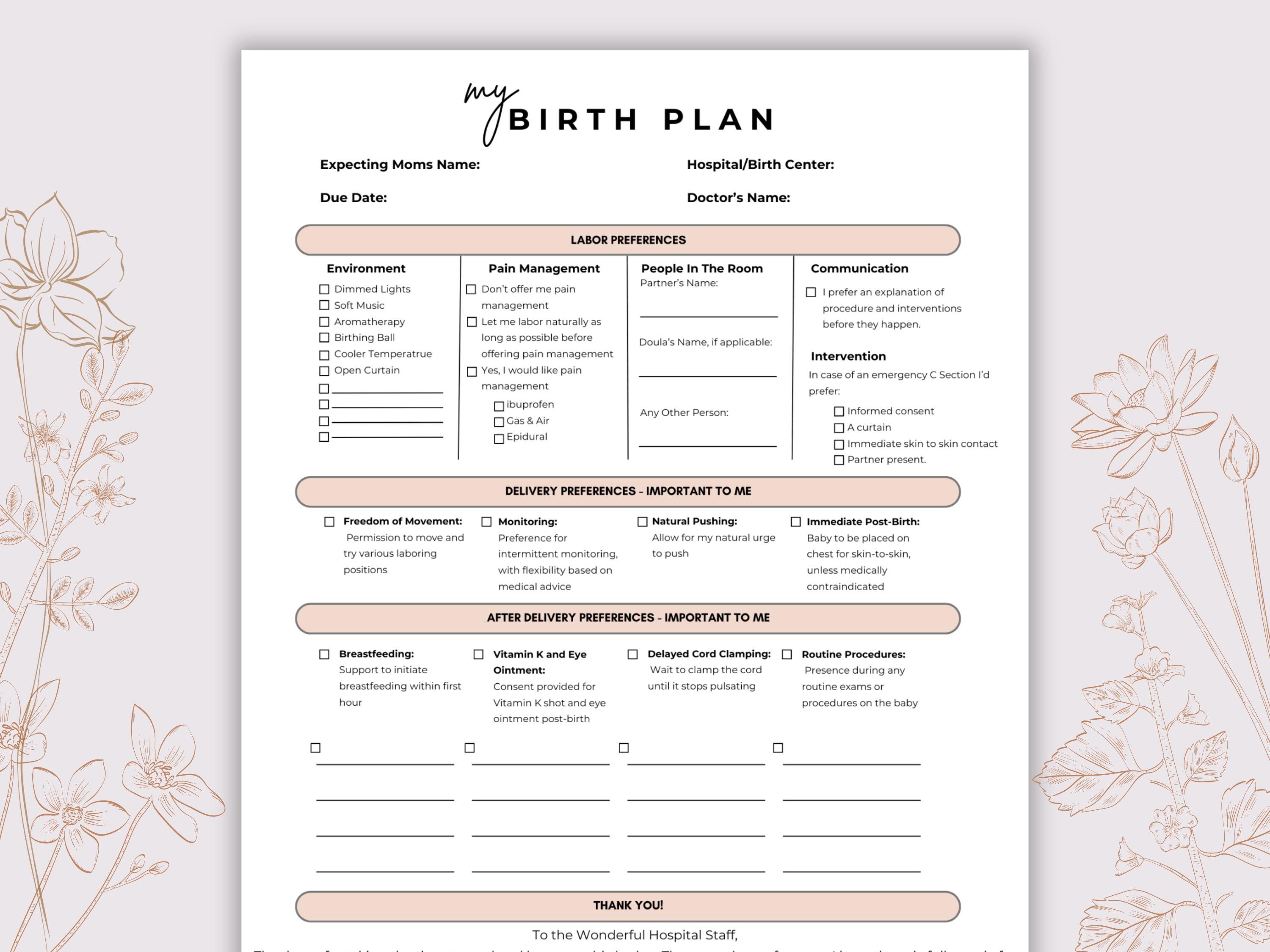 Editable Birth Plan Template for Canva: Natural Birthing Preferences ...