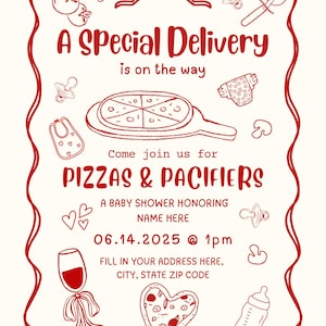 Babyshower-paket med pizzor och nappar – 10 anpassningsbara, utskrivbara Canvas-mallar