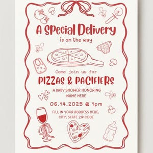Invitación para baby shower con entrega especial de pizza y chupetes: plantilla editable de Canva