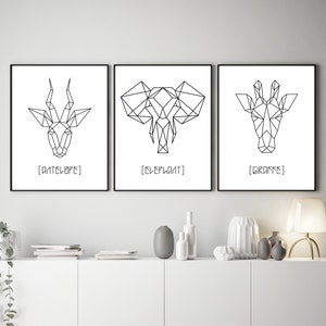 Three Piece Set, Printable Wall Art, Geometric Animal DIY Prints image 1