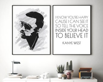 Set of 2 Kanye Prints, Rapper Wall Art, Kanye Quote, Printable Art, Rap Lyrics Wall Art, Kanye Portrait, Hip Hop Poster, Printable Wall Art