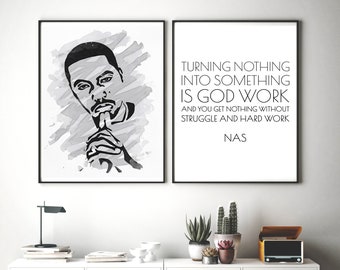 Set of 2 Hip Hop Posters. Rapper Wall Art, Nas Portrait, Rap Lyrics Print, Nas Rap Quote, Hip Hop Wall Art, Digital Download, Printable File