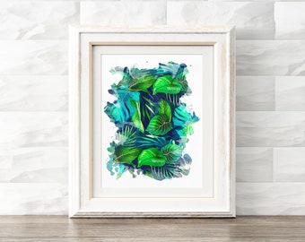 Tropical Printable, Watercolor Print, Floral Art, Tropical Leaves Art, Digital Download, Green Home Decor, Office Wall Art, Beach Art Decor