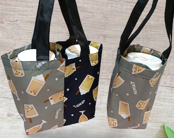 Sac réversible pour 2 tasses de thé boba de Taïwan, sac pliable, sachet de tasse de thé à bulles avec poche en paille, support de thé boba, porte-gobelet à café, cadeau