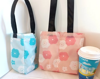 Floral1 reversible 2-cup bag, foldable bag, bubble tea cup bag with straw pocket, boba tea carrier, coffee cup holder, 2 way ECO bag, gift