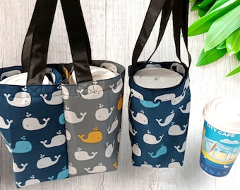 Whale reversible 2-cup bag, foldable bag, bubble tea cup bag with straw pocket, boba tea carrier, coffee cup holder, gift