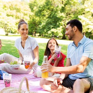 May include: A family of four enjoys a picnic on a pink and white checked blanket in a grassy park. They are drinking from colourful pouches with the word "TEAM" printed on them.