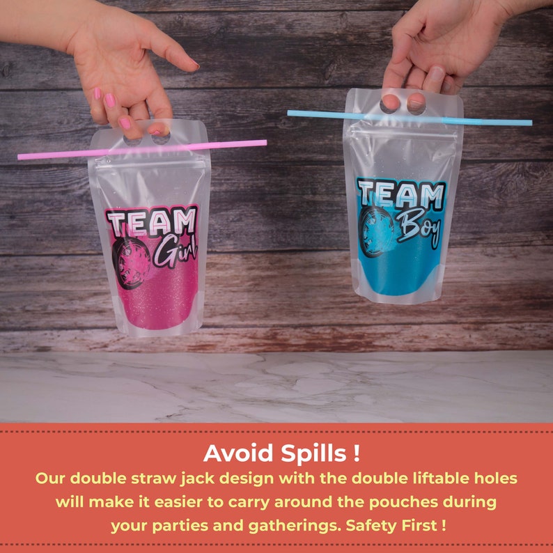 May include: Two clear plastic pouches with straws, one pink and one blue, with the text "TEAM Girl" and "TEAM Boy" printed on them. The pouches have a double straw jack design with liftable holes for easy carrying.