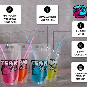 May include: Four clear plastic pouches with resealable zippers and straw holes. Each pouch has a different coloured liquid inside and a design printed on the front. The designs say "Team Girl" and "Team Boy".