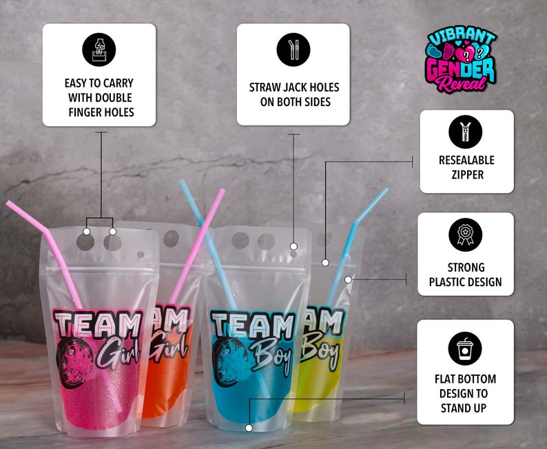 May include: Four clear plastic pouches with resealable zippers and straw holes. Each pouch has a different coloured liquid inside and a design printed on the front. The designs say "Team Girl" and "Team Boy".