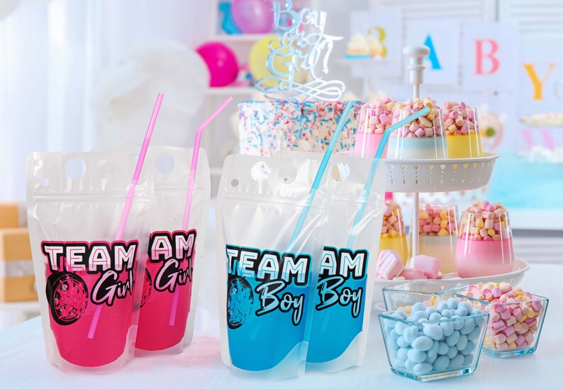 Burnout Gender Reveal Drink Pouch Cups | Burnouts Or Bows | Wheels Or Heels | Party Decorations Supplies | Pink Or Blue | Tire Burnouts image 2