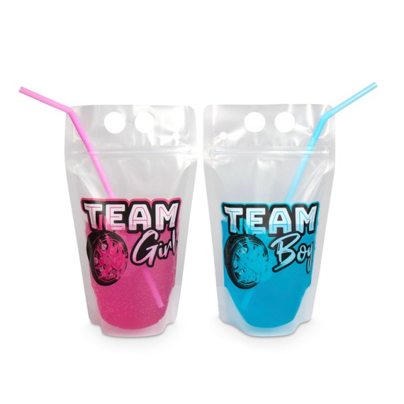 Burnout Gender Reveal Drink Pouch Cups | Burnouts Or Bows | Wheels Or Heels | Party Decorations Supplies | Pink Or Blue | Tire Burnouts