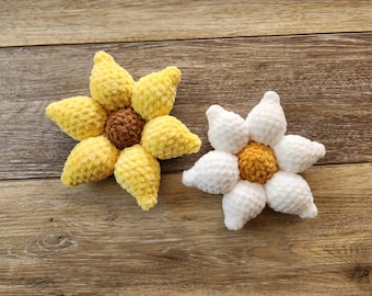 Mini Daisy en Zonnebloem haak Plushie patroon met sleutelhanger mod, spiegel charme, tas charme Plushie prop (3n1)