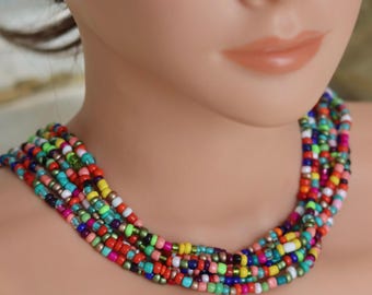 Veelkleurige kralenketting, handgemaakte boho-sieraden, regenboogzaadkralenketting cadeau voor haar, gelaagde festival- of feestsieraden