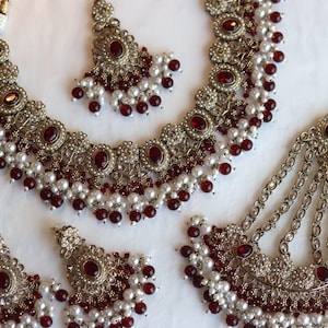 Ruby Red Bridal Jewelry Set, Pakistani Bridal Choker Set, Kundan Pearl Necklace Set, Maroon Wedding Jewelry, Indian Bridal Jewelry