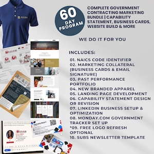 Könnte beinhalten: Ein marineblaues Poloshirt mit dem McCall-Logo wird neben verschiedenen Marketingmaterialien gezeigt, darunter Website-Mockups, Visitenkarten und eine Liste von Dienstleistungen. Eine kreisförmige Grafik zeigt "60 Day Program".